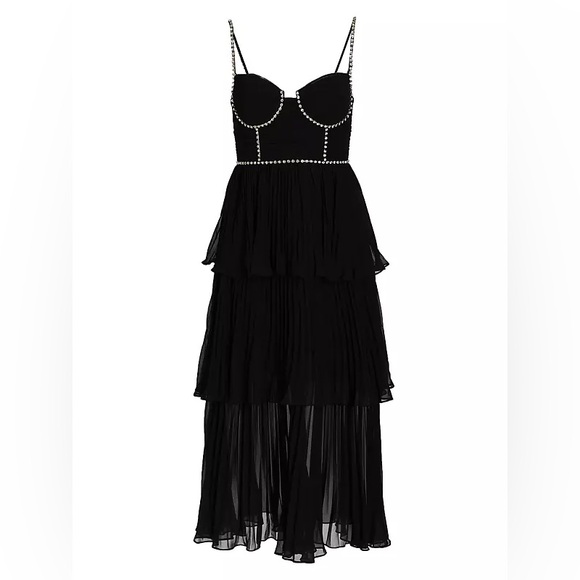 Self-Portrait Dresses & Skirts - Self-Portrait black pleated diamante crystal bustier tiered midi chiffon dress 6